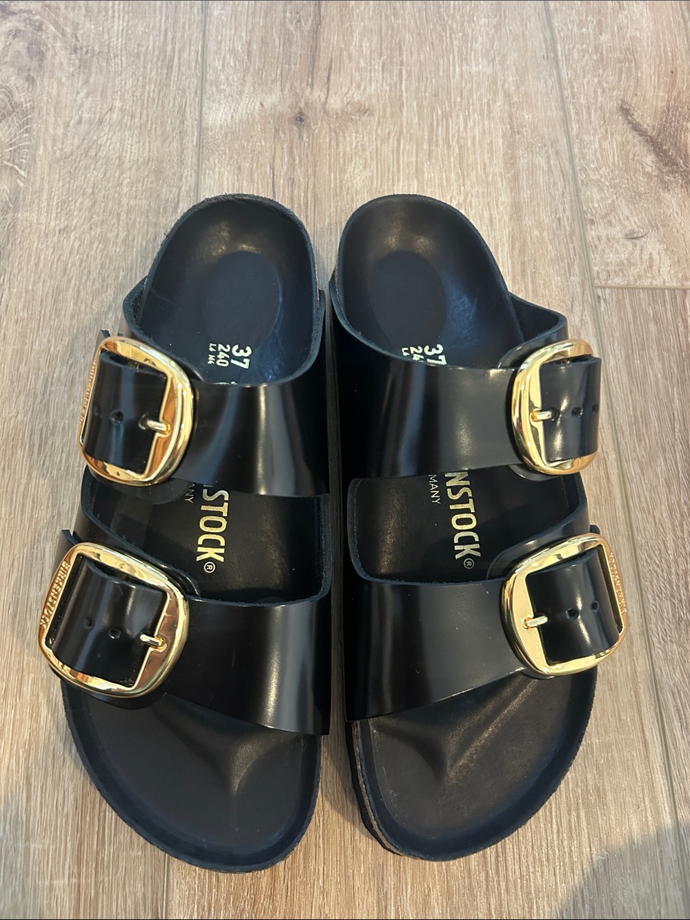 Birkenstock Arizona Black patent leather Slide Sandals with Gold Buckles size 37